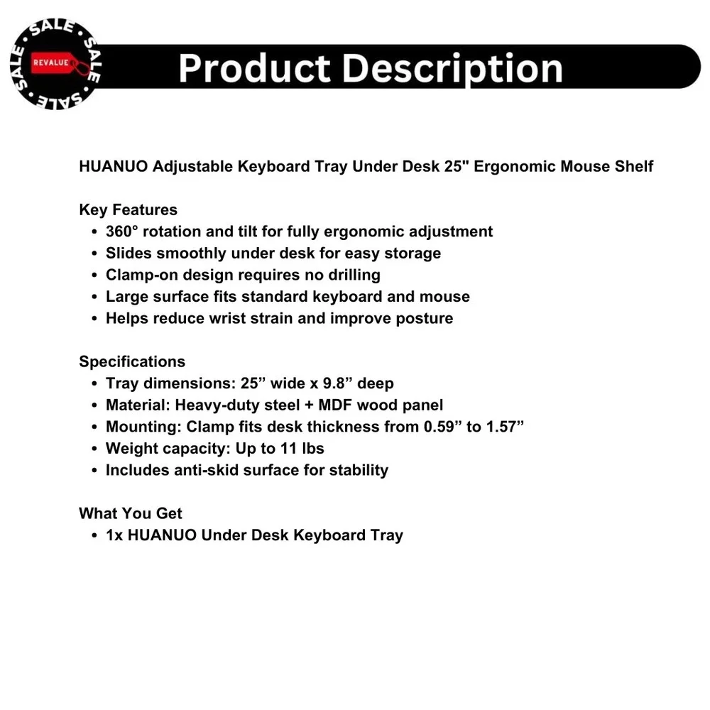 HUANUO Adjustable Keyboard‎ Tray Under Desk 25